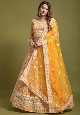Yellow Embroidered Net Lehenga Set