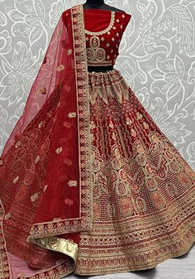 Red Embroidered Velvet Lehenga Set