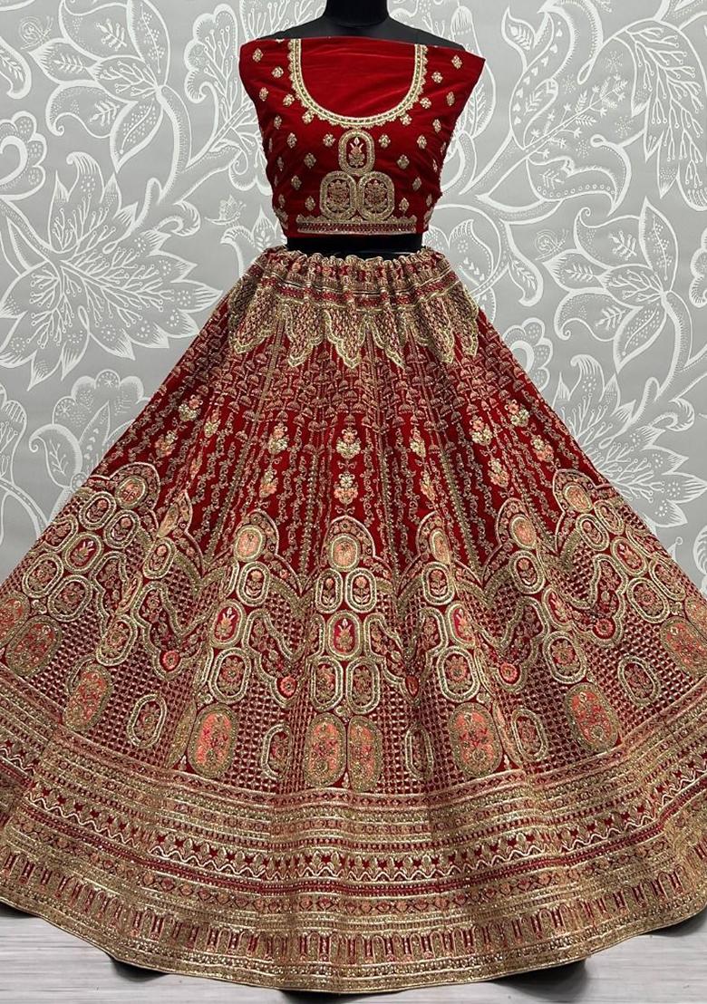 Red Embroidered Velvet Lehenga Set