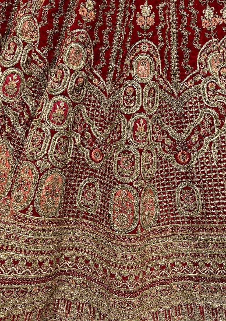 Red Embroidered Velvet Lehenga Set