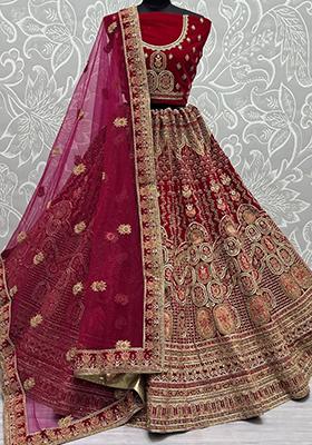 Hot Pink Embroidered Velvet Lehenga Set