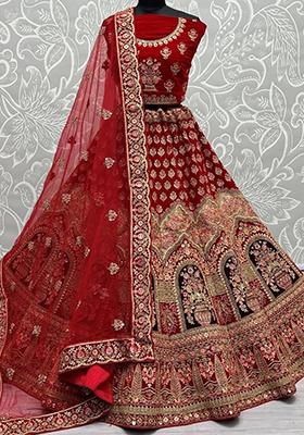 Red Embroidered Velvet Lehenga Set