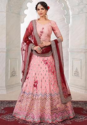 Pink Mirror Work Art Silk Lehenga Set