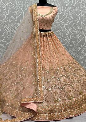 Peach Embroidered Net Lehenga Set