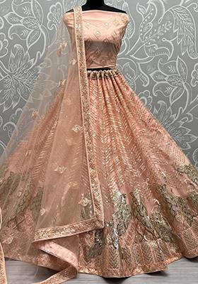 Peach Embroidered Net Lehenga Set