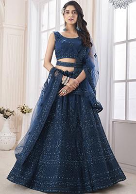 Navy Blue Embroidered Net Lehenga Set