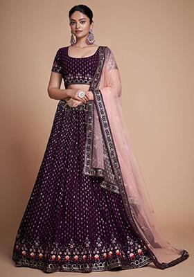 Wine Embroidered Georgette Lehenga Set