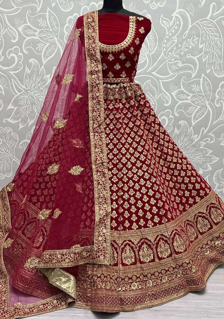 Red Zari Embroidered Velvet Lehenga Set - Indya