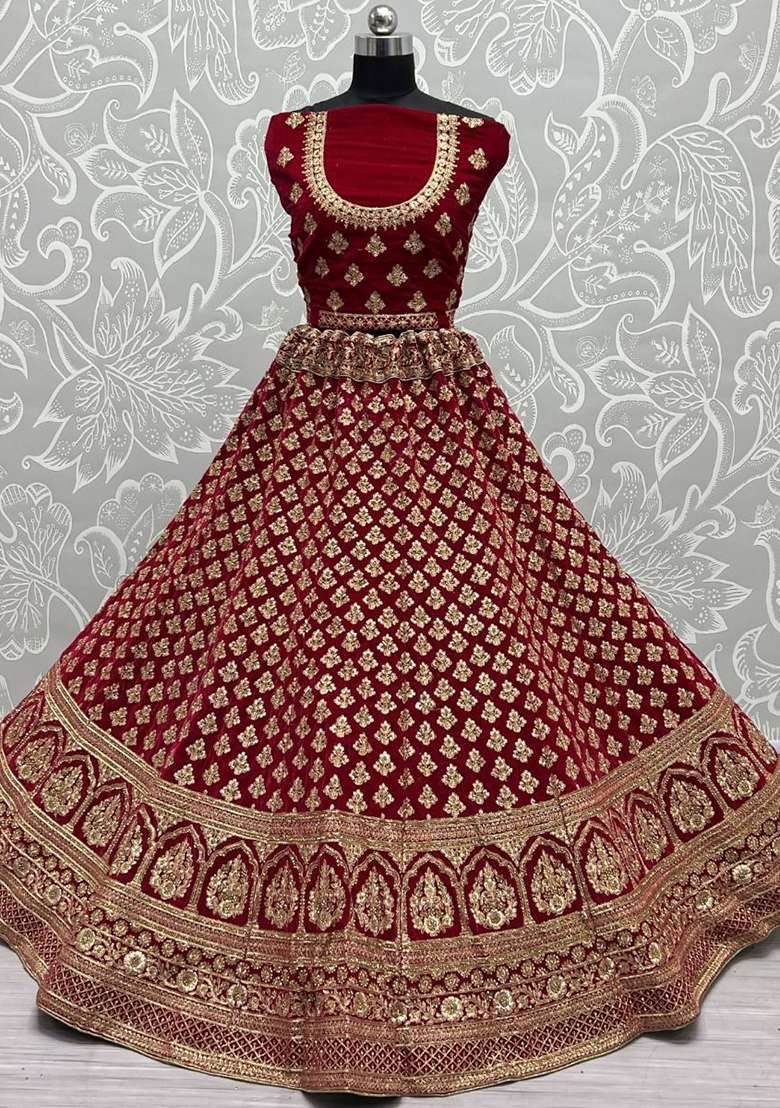 Red Zari Embroidered Velvet Lehenga Set - Indya