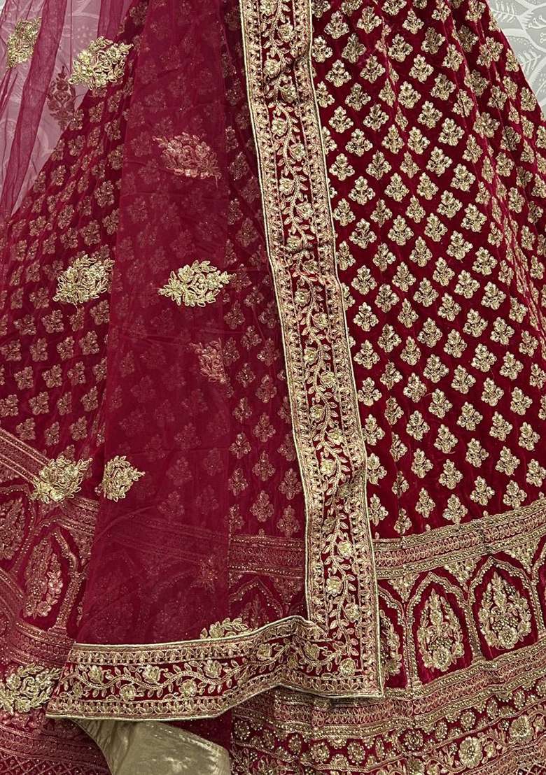 Red Zari Embroidered Velvet Lehenga Set - Indya