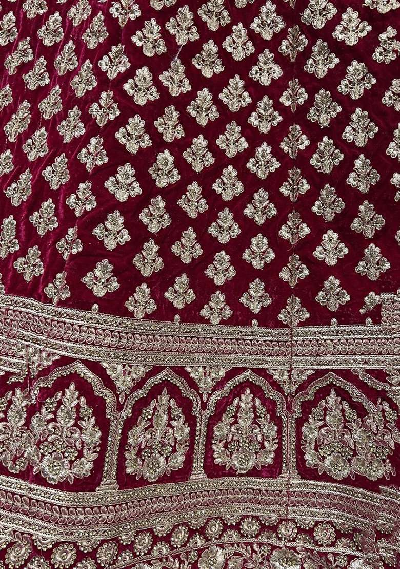 Red Zari Embroidered Velvet Lehenga Set - Indya