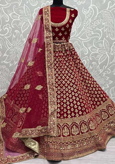 Red Zari Embroidered Velvet Lehenga Set