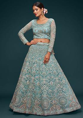 Aqua Blue Embroidered Net Lehenga Set