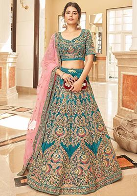 Teal Blue Embroidered Velvet Lehenga Set