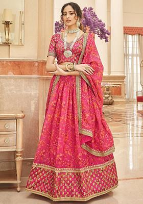 Pink Floral Print Organza Lehenga Set