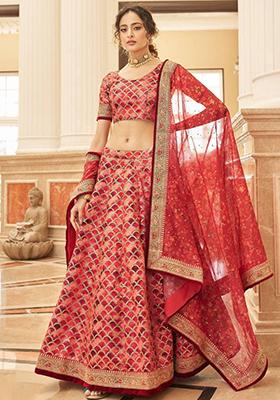 Red Embroidered Art Silk Lehenga Set