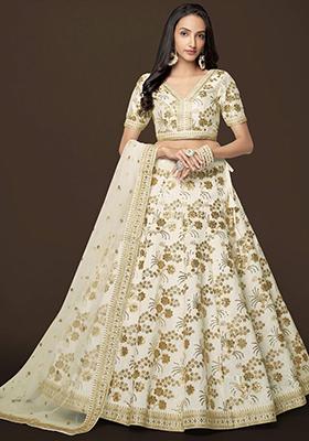 White Zari Work Slub Silk Lehenga Set