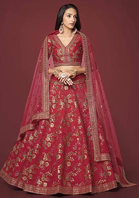 Red Zari Work Slub Silk Lehenga Set