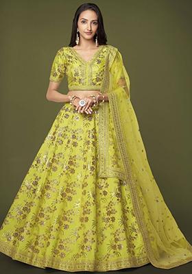 Neon Green Sequin Embroidered Slub Silk Lehenga Set