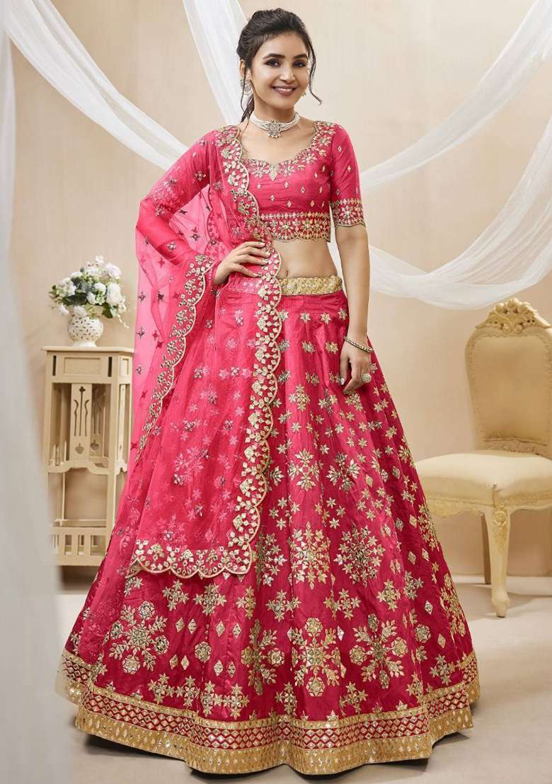 Pink Zari Work Art Silk Lehenga Set - Indya