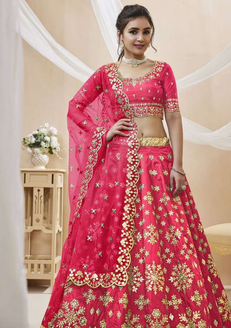 Pink Zari Work Art Silk Lehenga Set - Indya