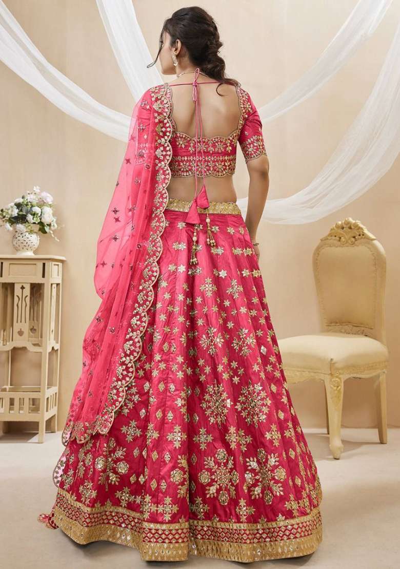 Pink Zari Work Art Silk Lehenga Set - Indya