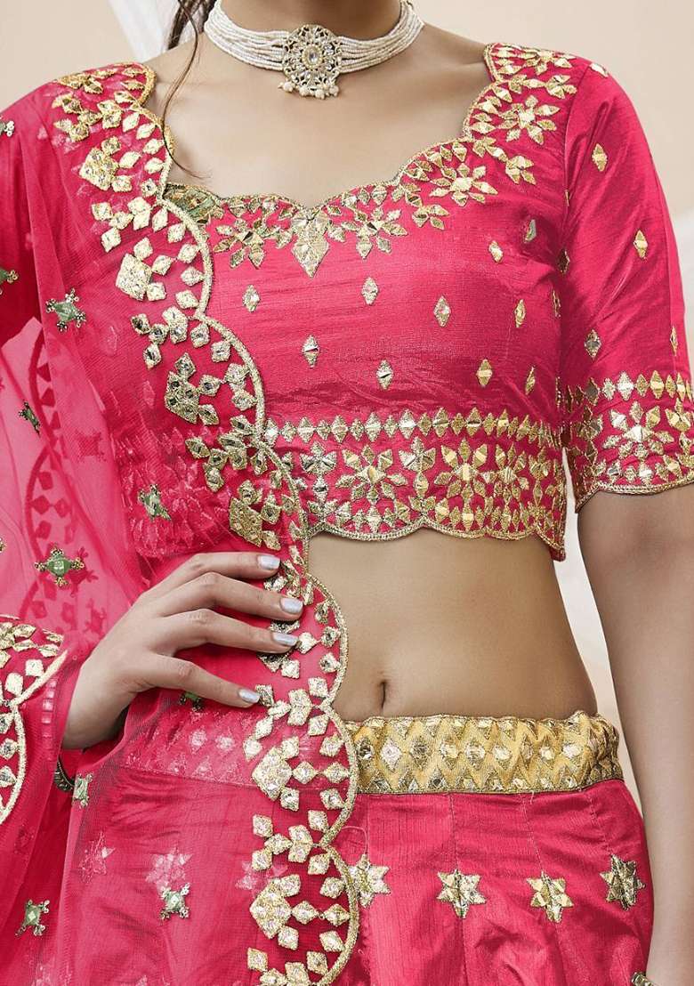 Pink Zari Work Art Silk Lehenga Set - Indya