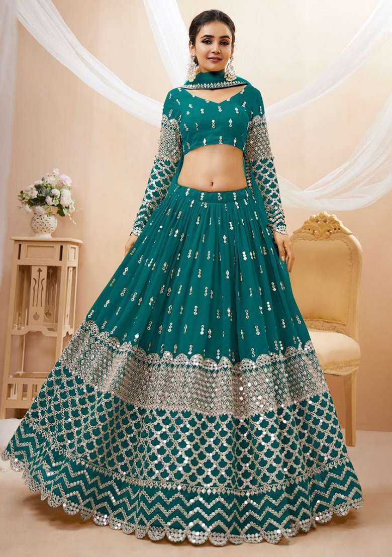 Teal Blue Georgette Lehenga Set with Zari Work for Diwali | Wedding & Festive Wear - Indya