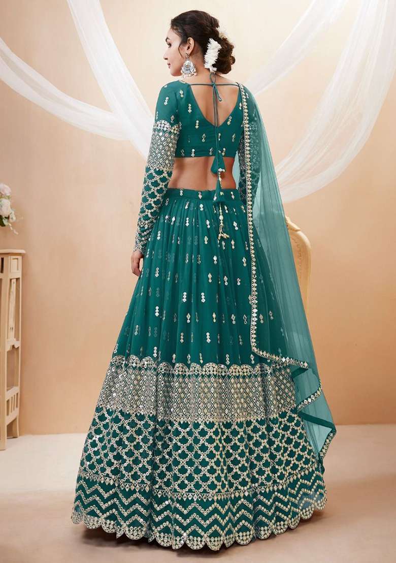 Teal Blue Georgette Lehenga Set with Zari Work for Diwali | Wedding & Festive Wear - Indya