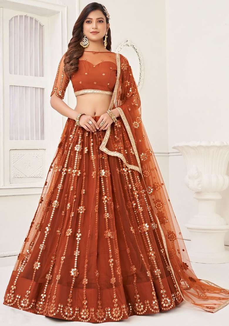 Brown Net Lehenga Set with Mirror Work for Diwali | Wedding & Festive Wear - Indya