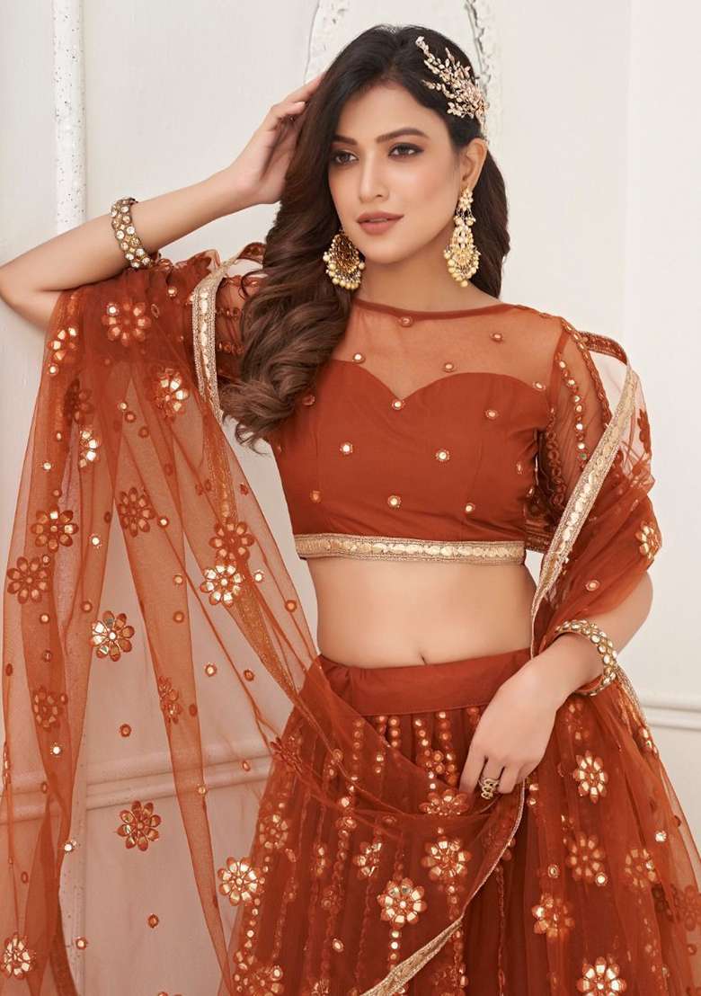 Brown Net Lehenga Set with Mirror Work for Diwali | Wedding & Festive Wear - Indya