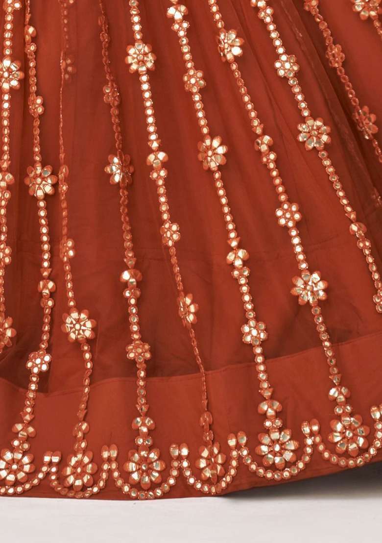 Brown Net Lehenga Set with Mirror Work for Diwali | Wedding & Festive Wear - Indya