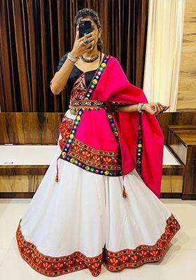 White Gamthi Work Cotton Lehenga Set