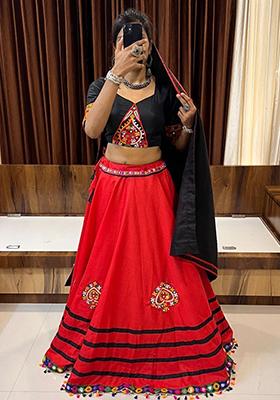 Red Gamthi Work Cotton Lehenga Set
