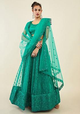 Teal Green Sequin Embroidered Net Lehenga Set