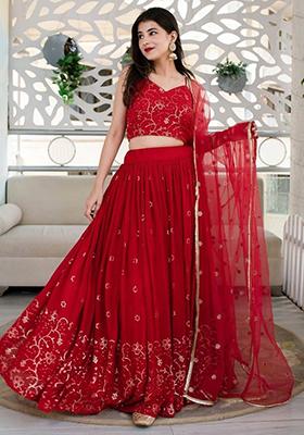 Red Embroidered Georgette Lehenga Set