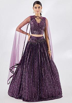 Wine Sequin Embroidered Net Lehenga Set