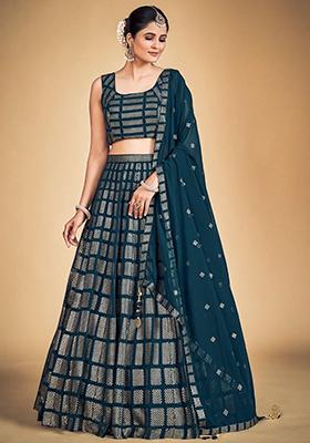 Teal Blue Embroidered Georgette Lehenga Set