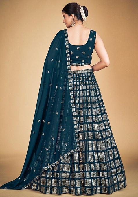 Teal Blue Blooming Faux Georgette Lehenga Suit main image 1