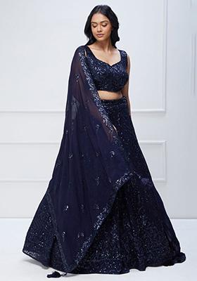Navy Blue Sequin Embroidered Georgette Lehenga Set