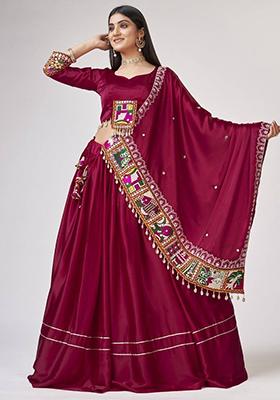 Blue Mirror Work Silk Lehenga Set