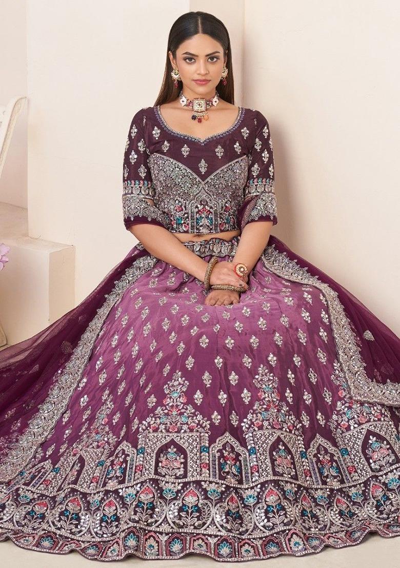 Wine Thread Work Satin Lehenga Set - Indya