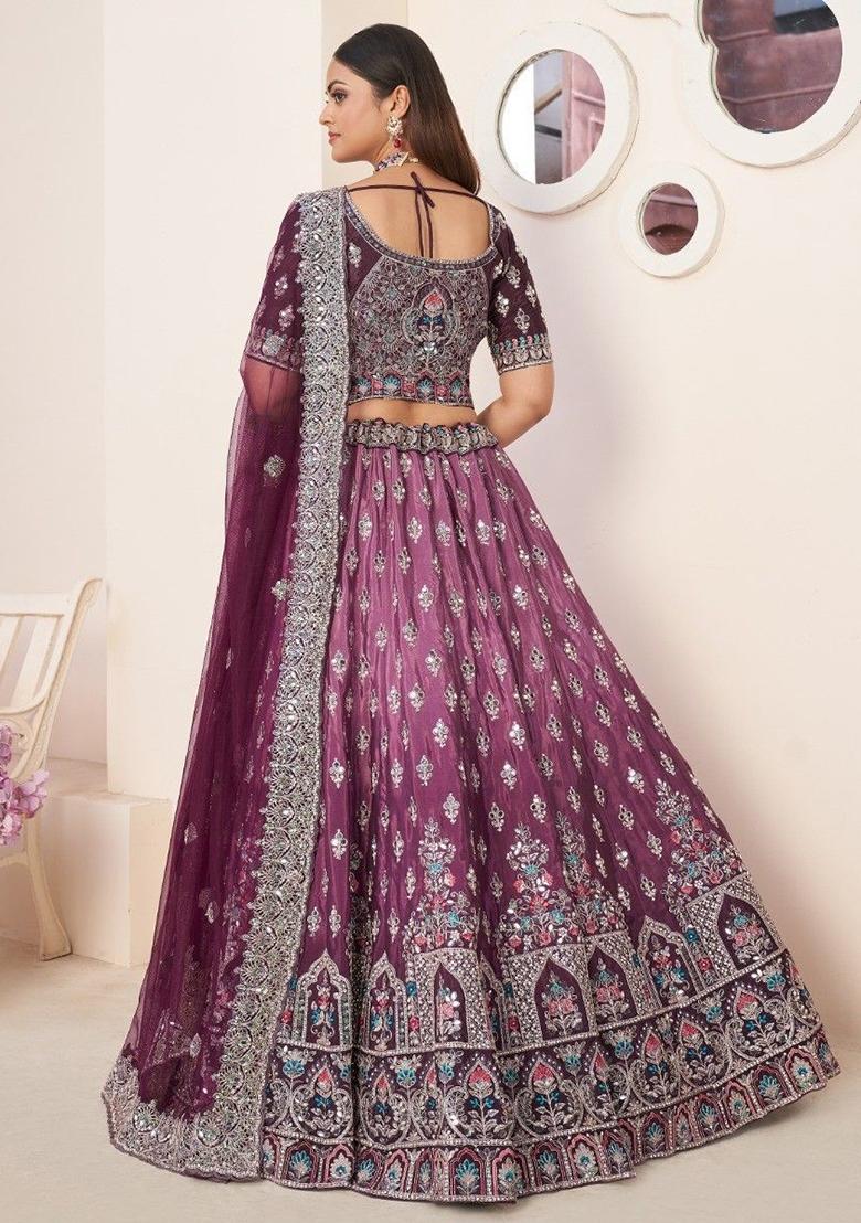 Wine Thread Work Satin Lehenga Set - Indya