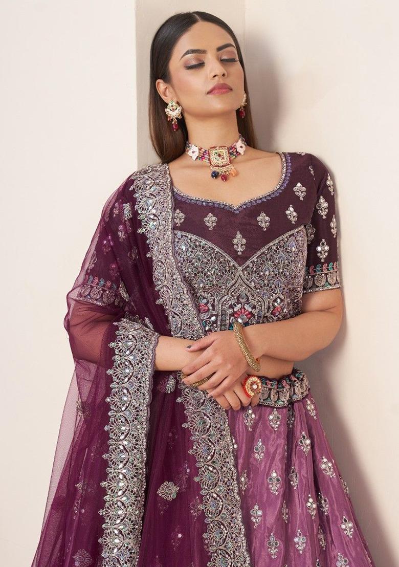 Wine Thread Work Satin Lehenga Set - Indya