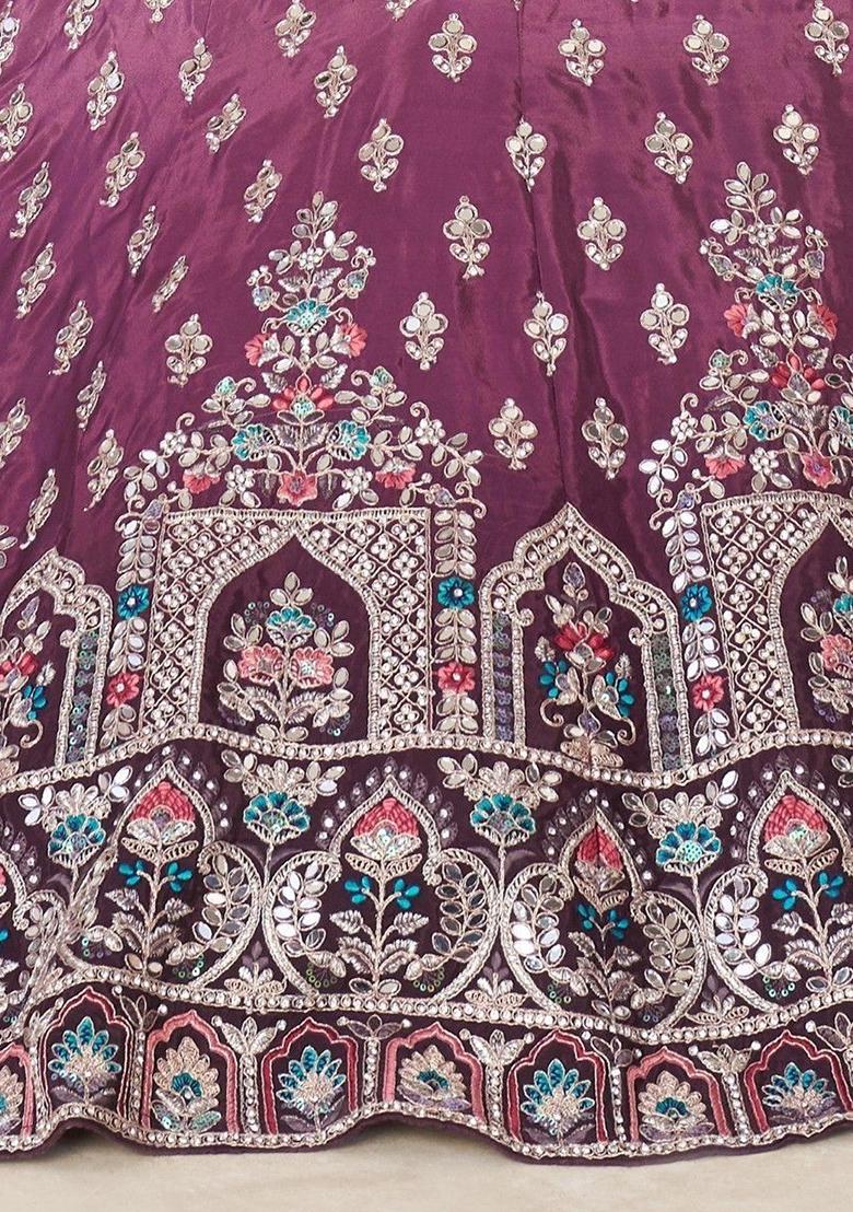 Wine Thread Work Satin Lehenga Set - Indya