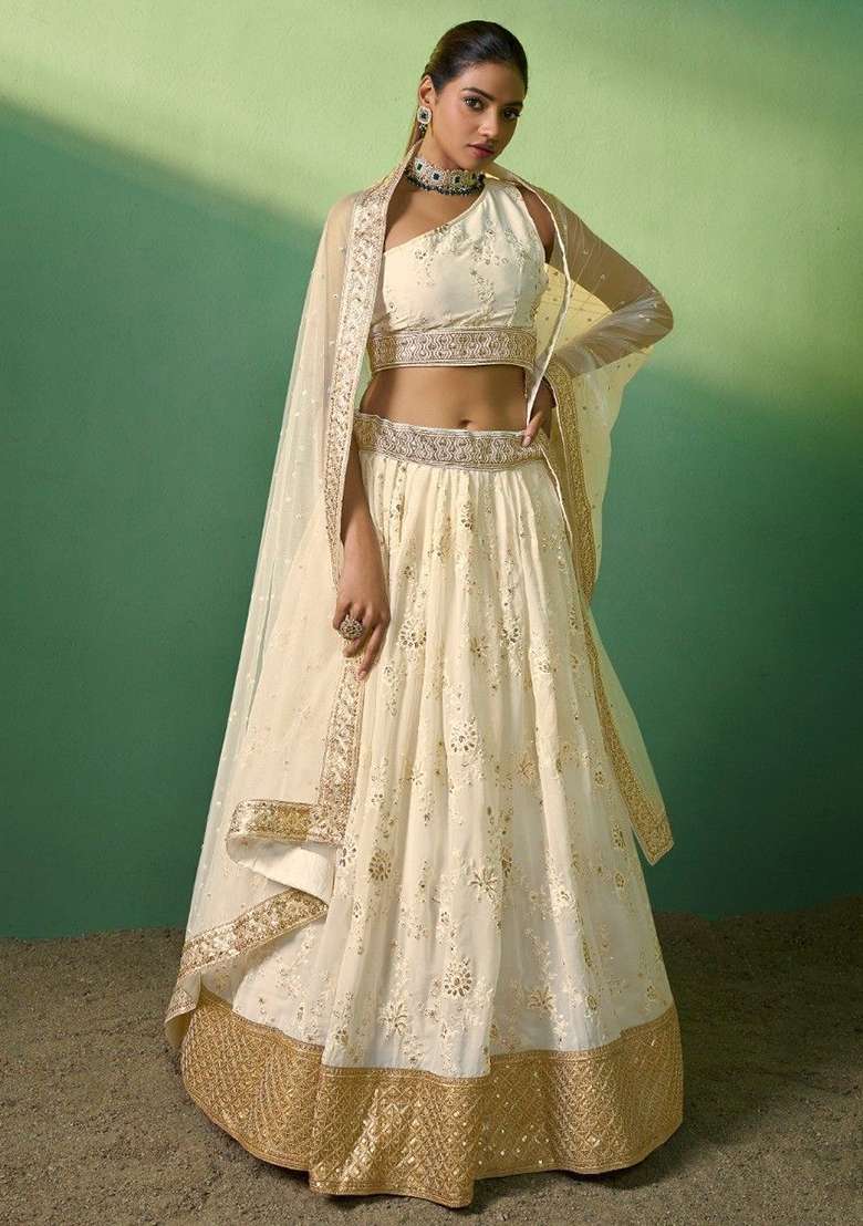Cream Embroidered Georgette Lehenga Set for Diwali and Festive Wear - Indya