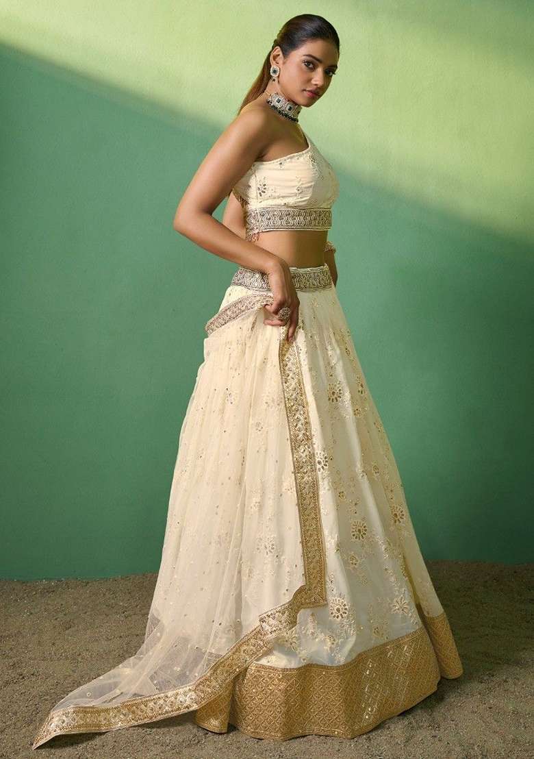 Cream Embroidered Georgette Lehenga Set for Diwali and Festive Wear - Indya