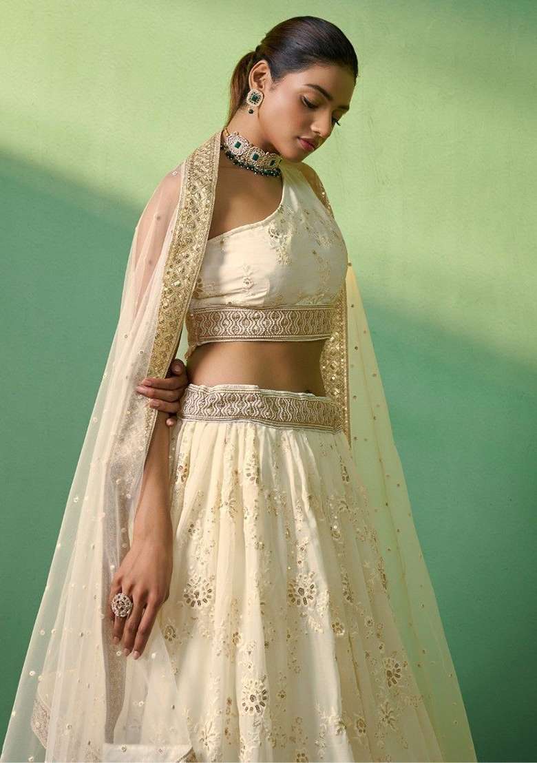 Cream Embroidered Georgette Lehenga Set for Diwali and Festive Wear - Indya