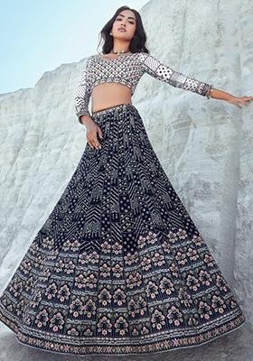 Navy Blue Sequin Embroidered Georgette Lehenga Set