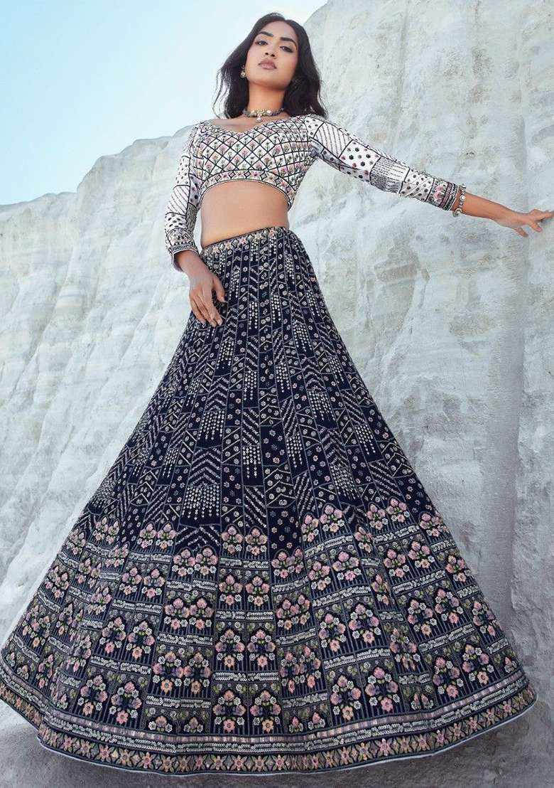 Navy Blue Sequin Embroidered Georgette Lehenga Set - Indya